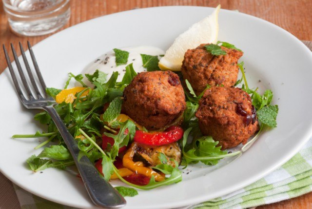 Falafel, vegetables, salad