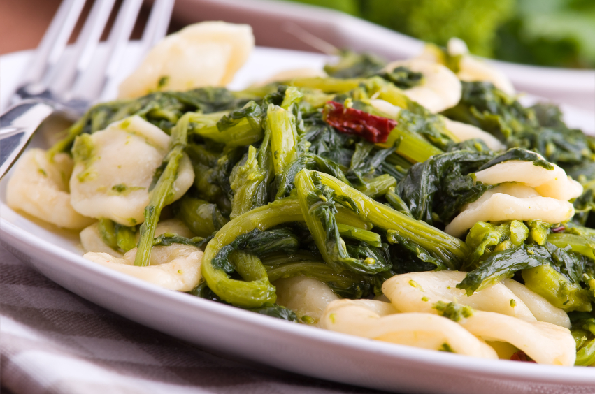 Orecchiette pasta with greens, turnip tops.