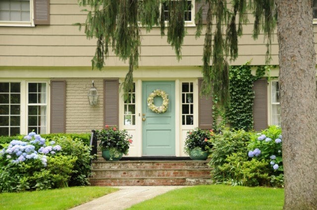 Green front door, house