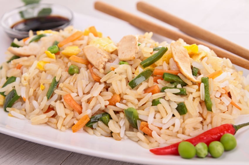 vegetable fried rice, peas, carrots, chicken