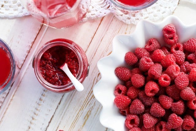 Raspberries, jam, jelly, preserves