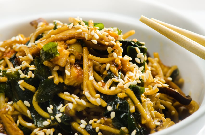 Spicy almond soba noodles with edamame