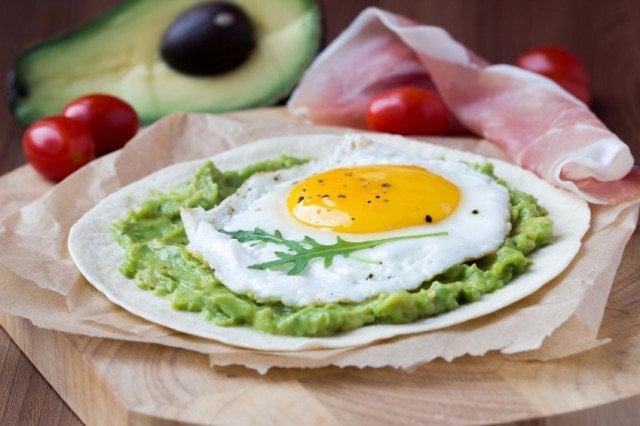 fried egg and avocado, tortilla