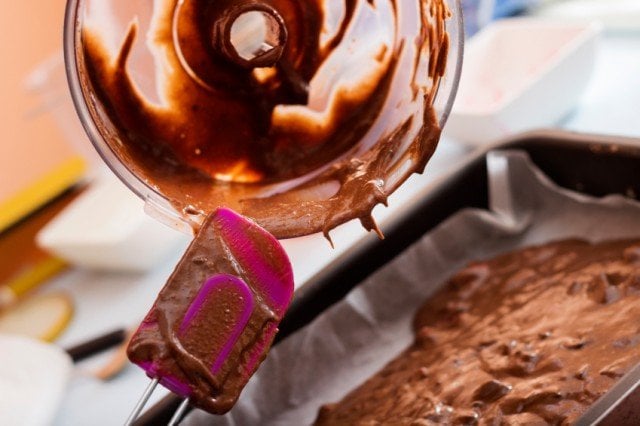 Making Cake, Pouring batter in a baking tin