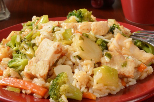 Chicken teriyaki, rice, broccoli