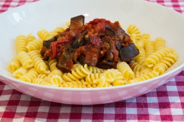 pasta topped with eggplant