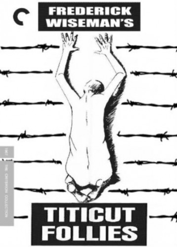 A black and white sketch of the back of a naked man kneeling and placing his arms on the ground next to dark lines with the words 'Frederick Wiseman's' and 'Titicut Follies'