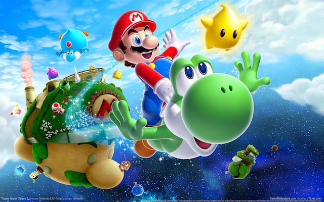 Mario soars through the air on a flying Yoshi.