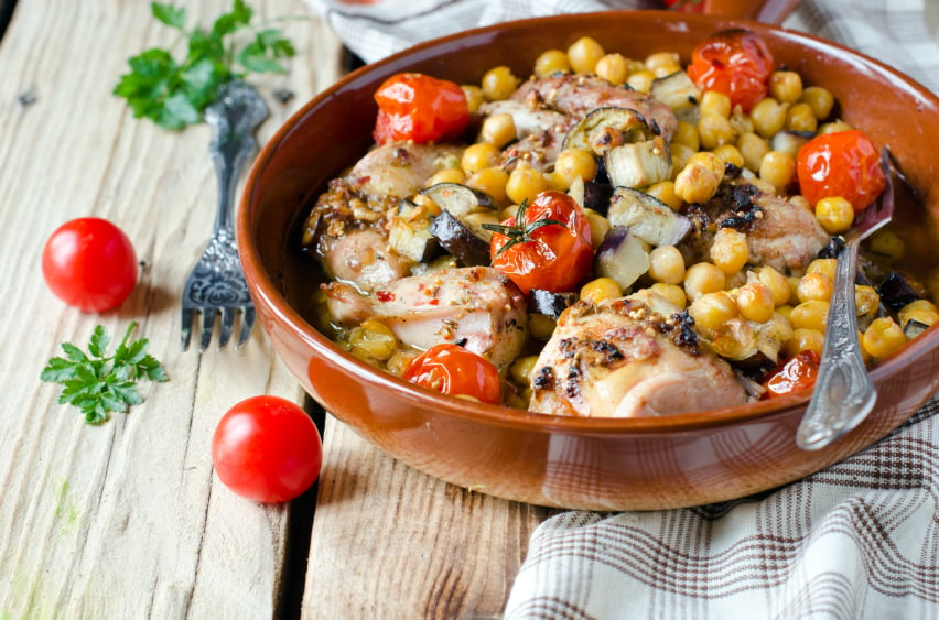 Chicken Tagine, chickpeas, vegetables   Baked chicken with chickpeas and vegetables