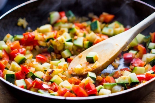 Cooking ratatouille, tomato, eggplant