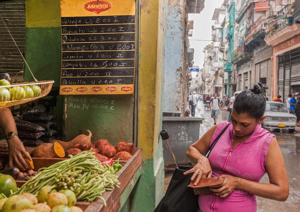 A woman buys vegetables in a green grocery in Havana, on August 7, 2013. In 1988 the average salary in Cuba was 187 Cuban pesos and now is 466 pesos (US$ 19), according to the National Statistics Office. Since then, the price of a pound of pork went from 4.5 to 35 pesos. (Photo by Str/AFP/Getty Images)