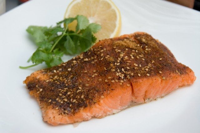 Grilled Salmon, cajun spiced fillet, lemon and cilantro