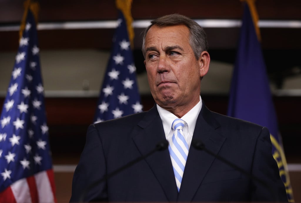 U.S. Speaker of the House Rep. John Boehner (R-OH) pauses during a press briefing July 31, 2014 on Capitol Hill in Washington, DC. Boehner held his weekly news briefing to discuss Republican agenda. (Photo by Alex Wong/Getty Images)