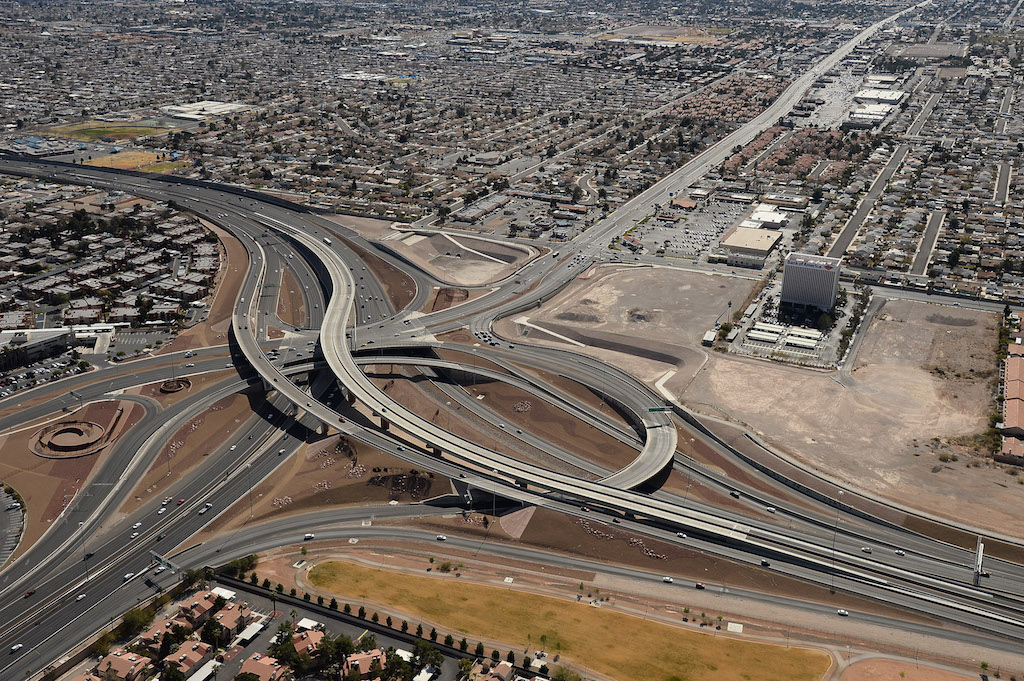 The interchange at U.S. Route 95 and Rainbow Boulevard known as the Rainbow Curve is seen in an aerial view on February 20, 2014 in Las Vegas, Nevada. (Photo by Ethan Miller/Getty Images)