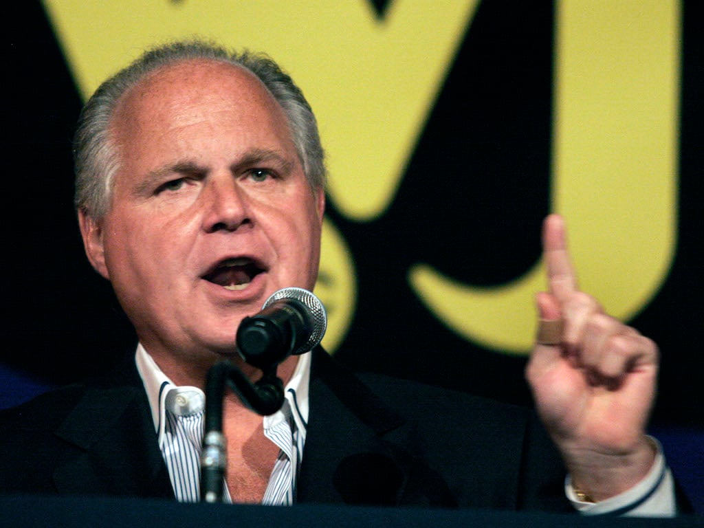 Radio talk show host and conservative commentator Rush Limbaugh speaks at 'An Evenining With Rush Limbaugh' event May 3, 2007 in Novi, Michigan. The event was sponsored by WJR radio station as part of their 85th birthday celebration festivities. (Photo by Bill Pugliano/Getty Images)