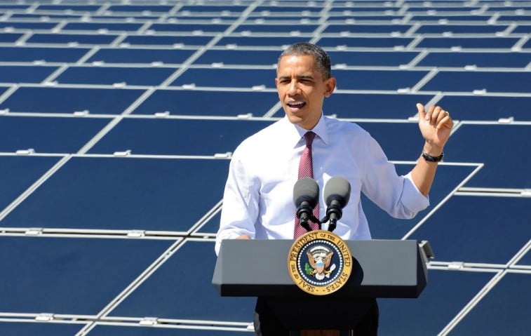 U.S. President Barack Obama speaks at Sempra U.S. Gas & Power's Copper Mountain Solar 1 facility, the largest photovoltaic solar plant in the United States on March 21, 2012 in Boulder City, Nevada. Obama is on a four-state tour promoting his energy policies. (Photo by Ethan Miller/Getty Images)