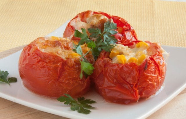 Stuffed tomatoes, corn, cheese