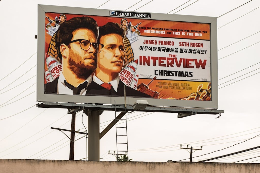A billboard for the film 'The Interview' is displayed December 19, 2014 in Venice, California. Sony has canceled the release of the film after a hacking scandal that exposed sensitive internal Sony communications, and threatened to attack theaters showing the movie. (Photo by Christopher Polk/Getty Images)