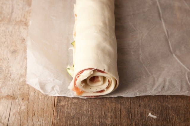 rolled puff pastry, ham, prosciutto, cheese