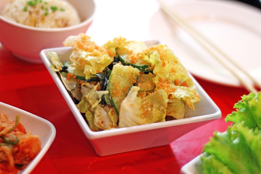 spicy Korean Kimchi cabbage in ceramic dish