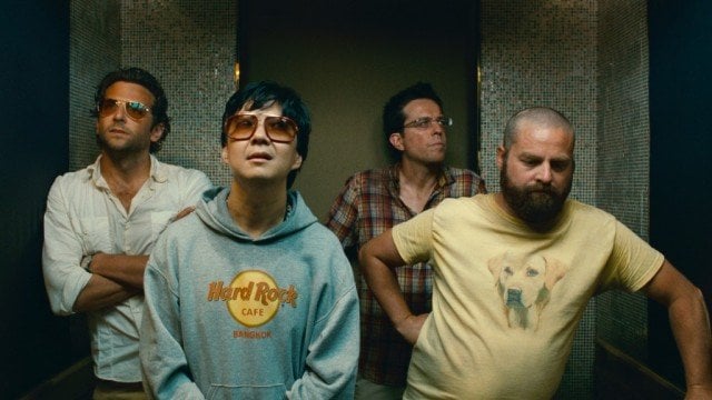 The cast of The Hangover Part II stands in an elevator