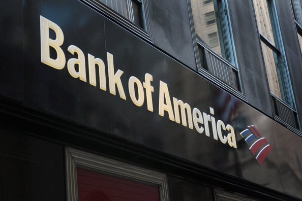 A sign hangs above a Bank of America branch in the Financial District