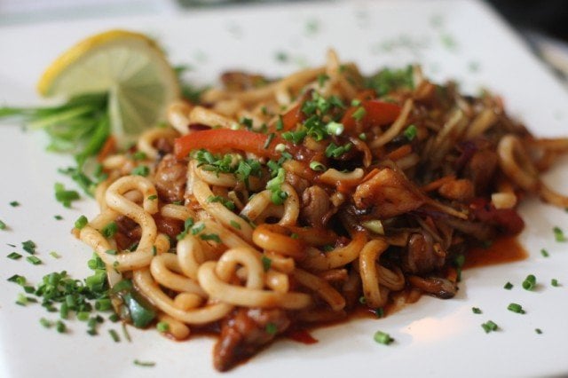 Japanese noodles udon, chicken meat
