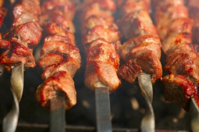 Chicken/meat/pork Kebab on the grill with smoke, skewer