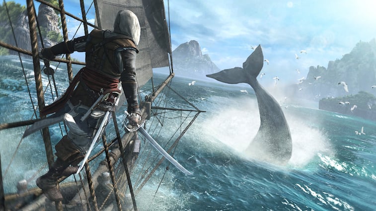 An assassin stands on a boat overlooking a whale.