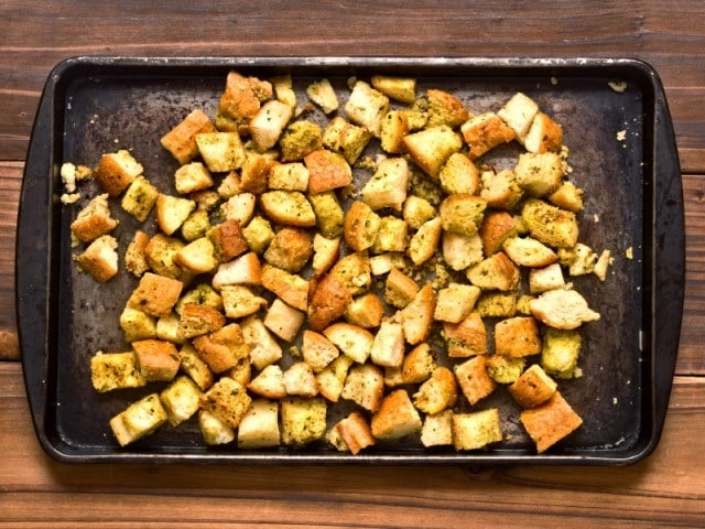 toasted bread on a baking sheet