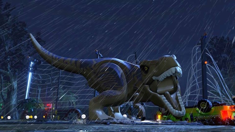 A lego t-rex roars in the rain.