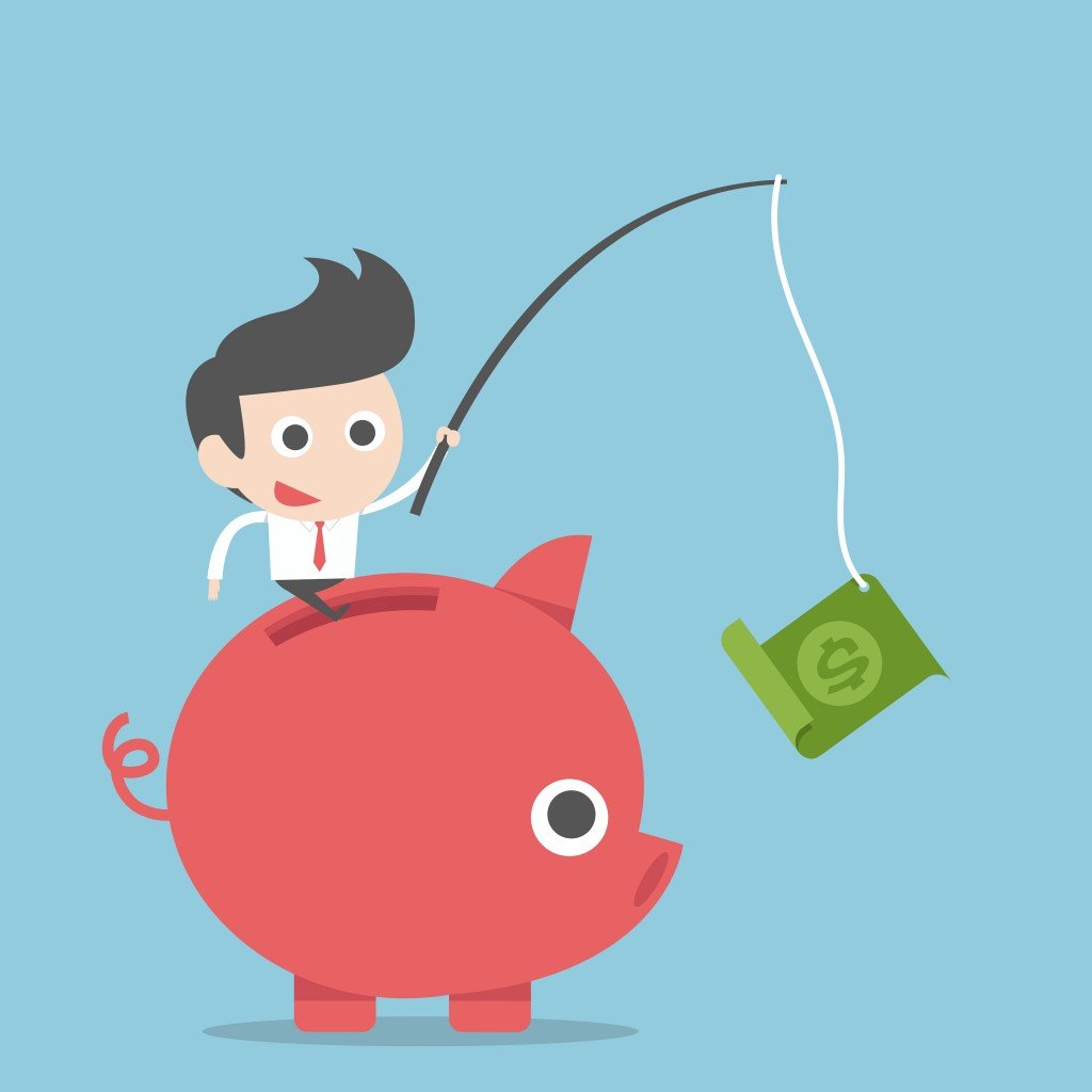 cartoon man on piggy bank reeling in money with a fishing pole