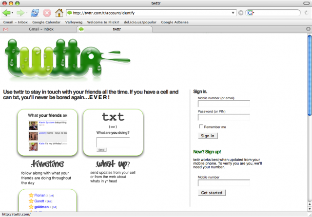 Original "Twttr" (Twitter) homepage