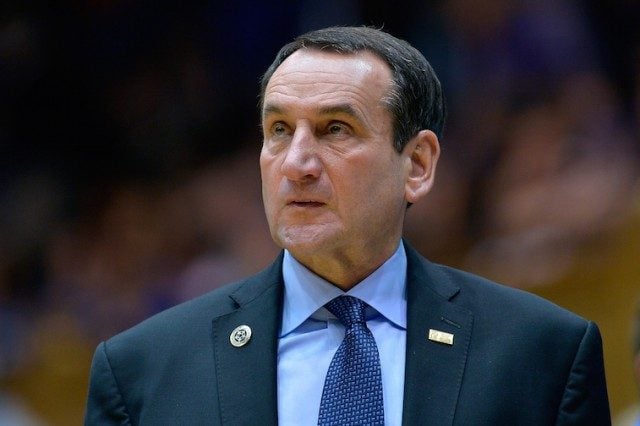 Head coach Mike Krzyzewski of the Duke Blue Devils watches his team play
