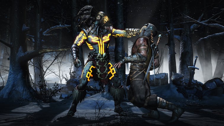 Scorpio fighting in a dark forest in Mortal Kombat X.