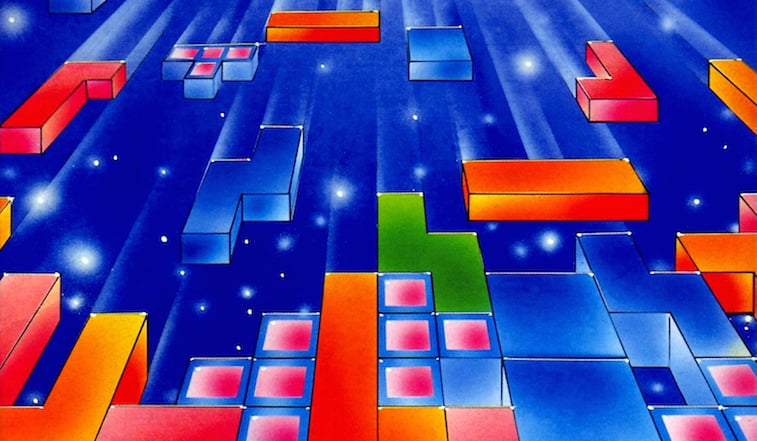 Tetris blocks fall from the sky.