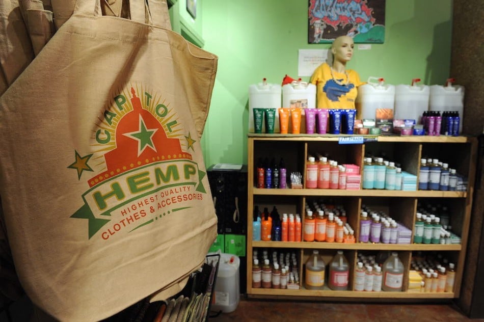 Hand bags and bath products (right) are among the many hemp products for sale at the 'Capitol Hemp' store on May 20, 2010 in the Adams Morgan neighborhood of Washington, DC. Hemp is not marijuana, but its resemblance to its cannabis cousin has kept the plant banned in the United States for decades despite a variety of uses for textiles, food, cosmetics and other purposes. (Photo by Tim Sloan/AFP/Getty Images)