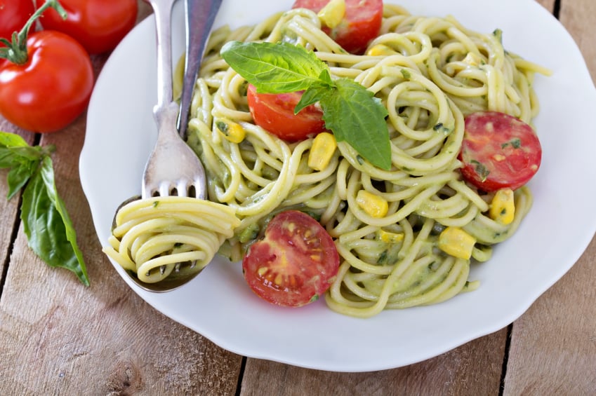 avocado pasta, corn, tomatoes