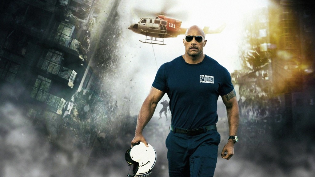 Dwayne Johnson is holding a white helmet as rubble and a helicopter is behind him.