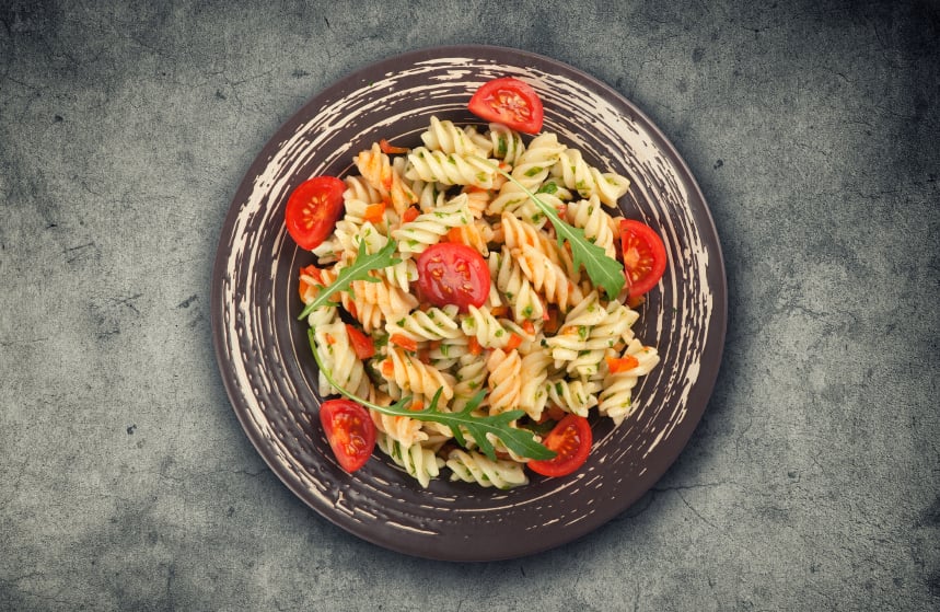 fusili, pasta, tomatoes, arugula