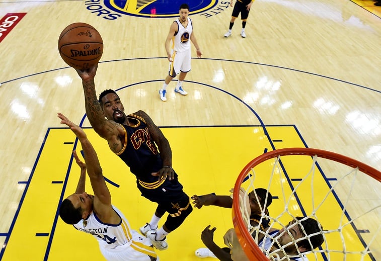 J.R. Smith takes a shot against the Golden State Warriors in Game 2
