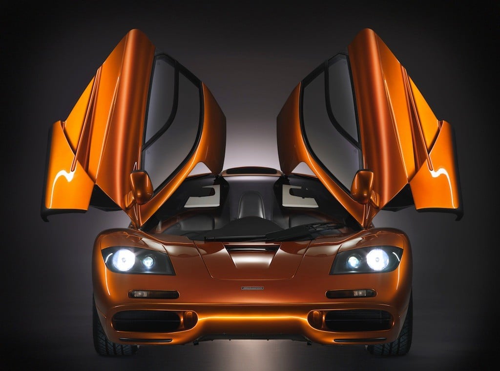 1993 McLaren F1 with its unique dihedral doors opened upwards.