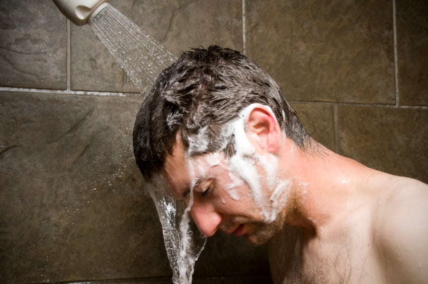 shower, shampoo, man