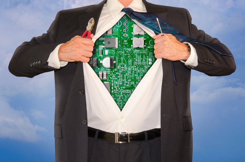 man in suit with computer parts