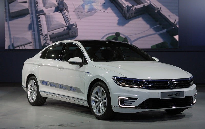 A Passat GTE is presented at the Volkswagen Group Night show on October 1, 2014 in Paris prior to the opening on October 2 of the Paris Auto show 2014 Press days. AFP PHOTO ERIC PIERMONT (Photo credit should read ERIC PIERMONT/AFP/Getty Images)