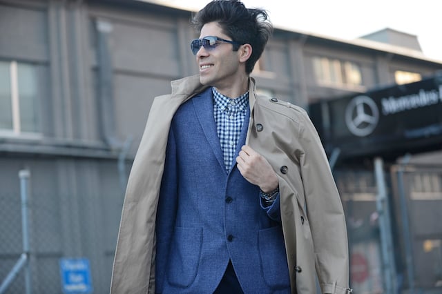 Man in a navy, tweed suit