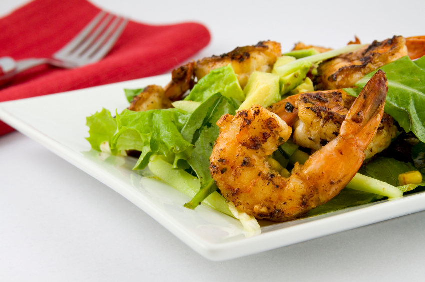 salad, grilled shrimp, avocado
