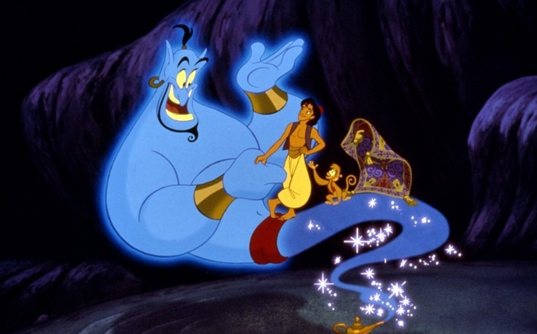 Aladdin and his friends talk to the Genie. Aladdin and his friends talk to the Genie.