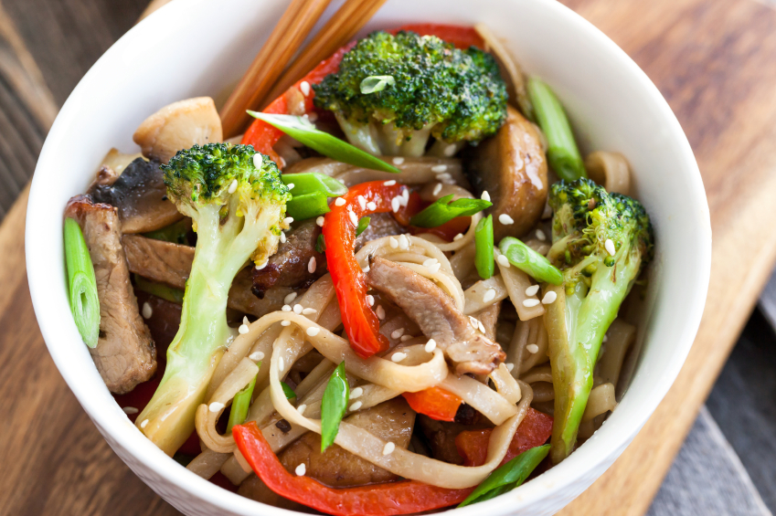 Noodles with broccoli, chicken, and sesame