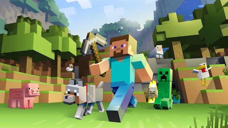 The hero of Minecraft marches through a blocky world with a pick ax.